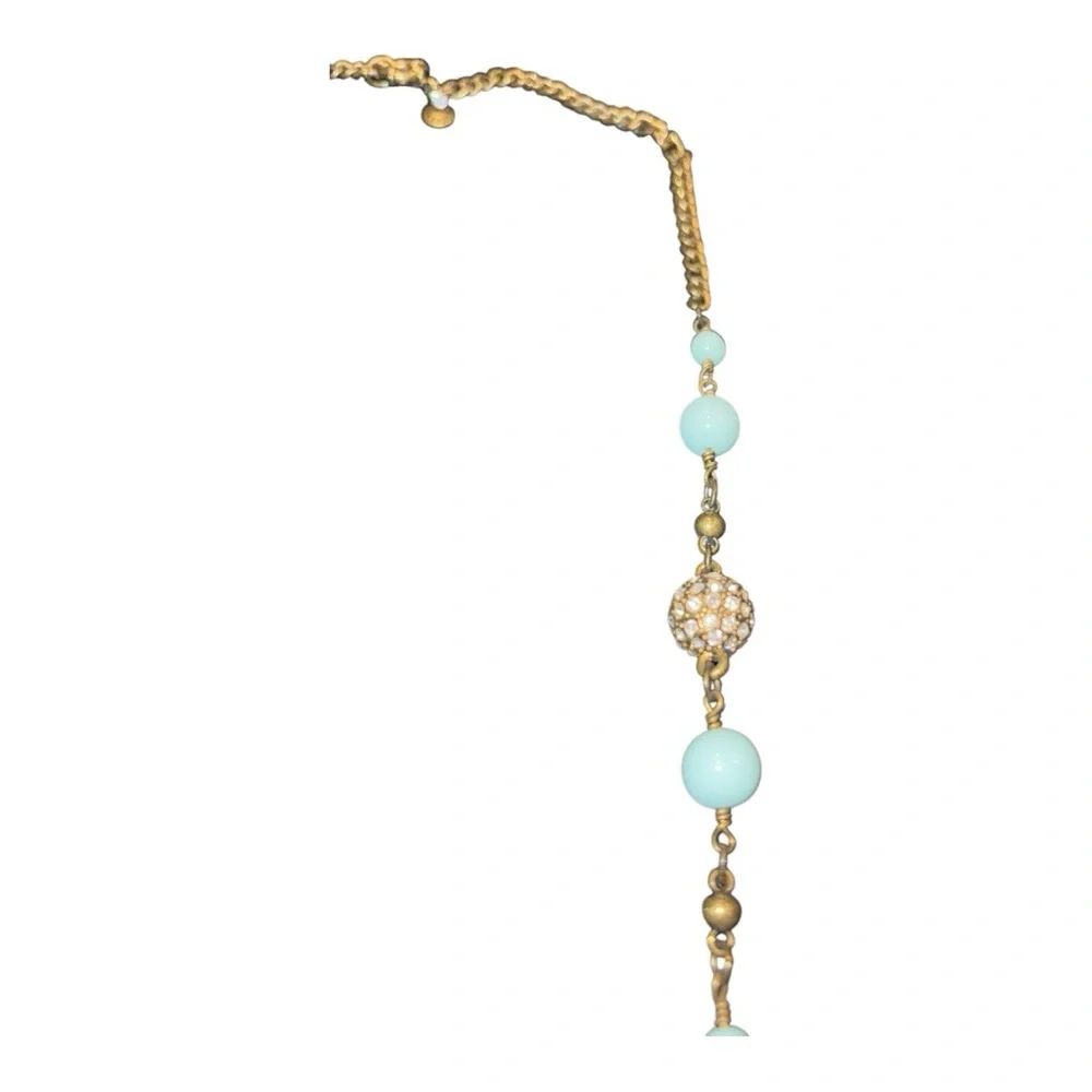 J. Crew Necklace Beaded Station Rhinestone Light Blue Antique Gold Tone 32” JB1
